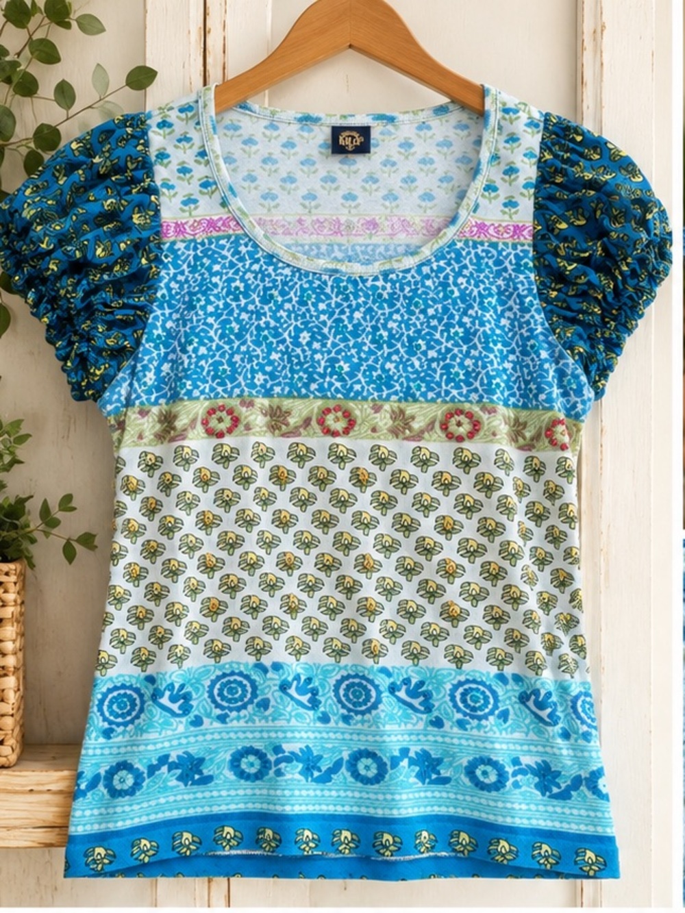 BILA Blue Boho Embellished Mixed Print Ruched Puff Sleeve Top Size L